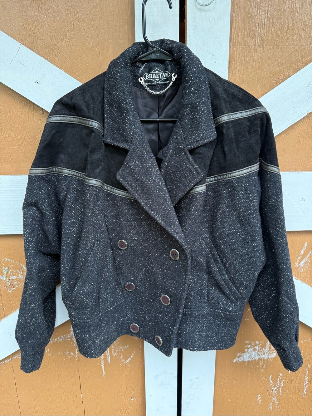 Braetan Black Speckled Tweed & Leather Double-Breasted Cropped Jacket